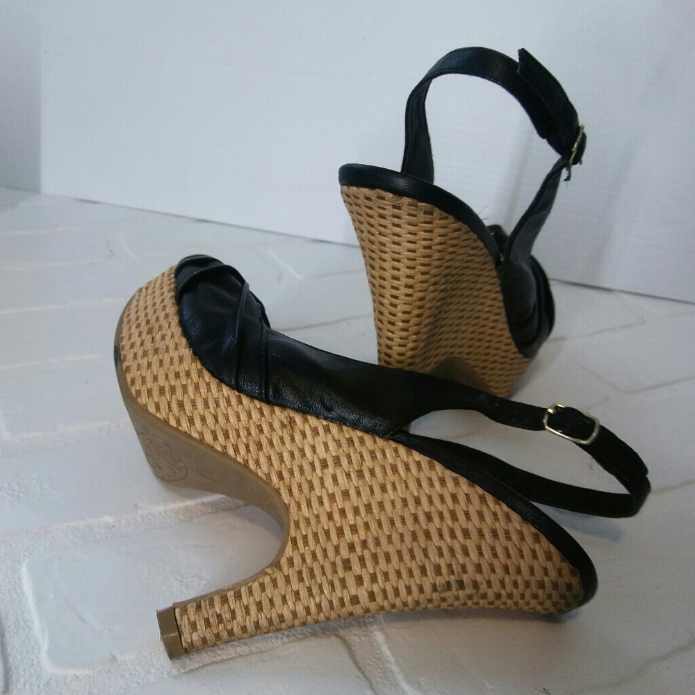 Black Leather & Bamboo Wedge Heel